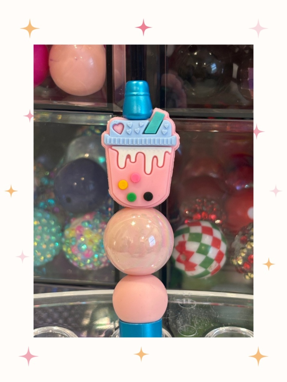 Handmade Pink and Blue Boba Drink Beaded Pen